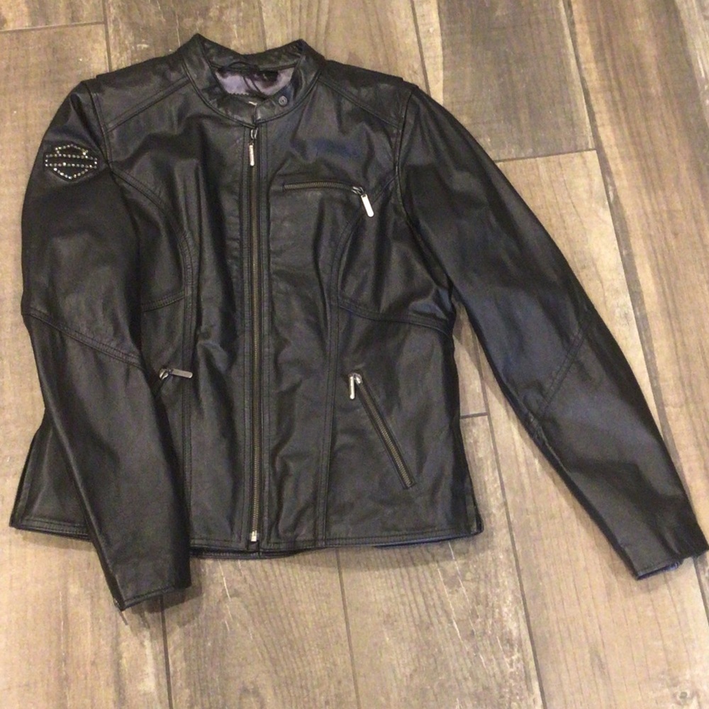 Harley-Davidson Black Leather Jacket with Rhinestone Script - Picture 2 of 6